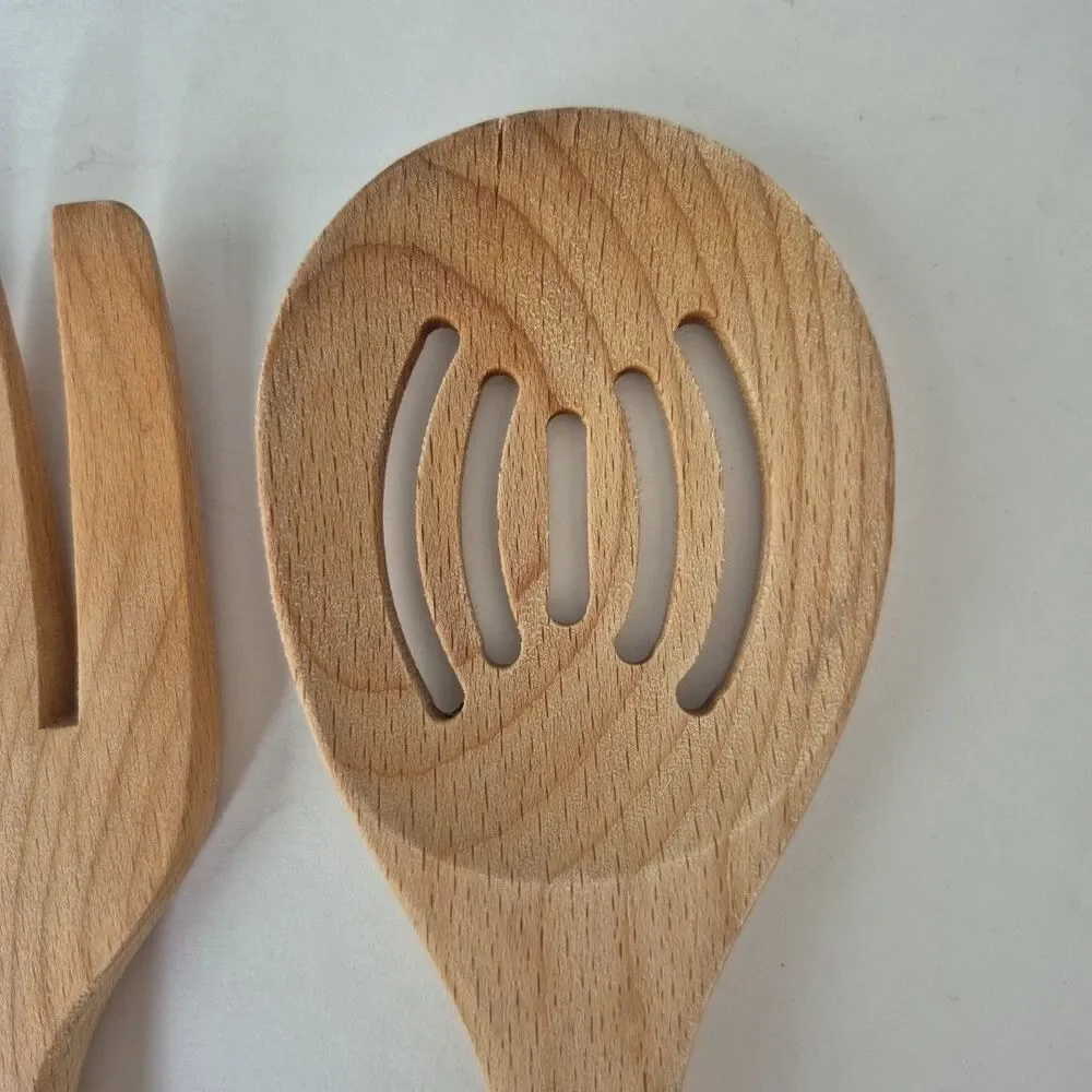 Bisetti Natural Wood Slotted Spoon and Fork Set Kitchen Utensils 13 IN Italy